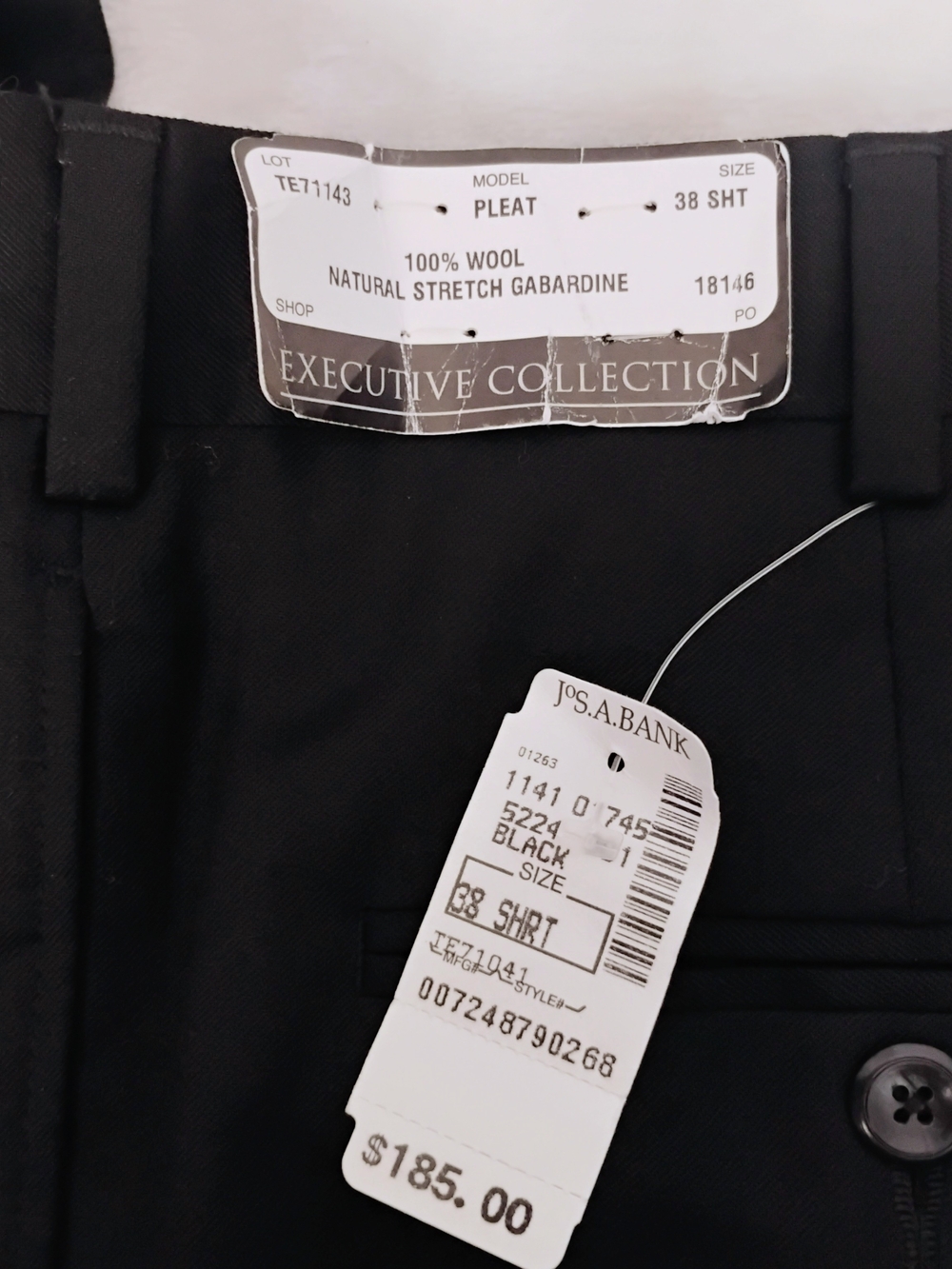 Jos A Bank Executive 100% Wool Pleated Black Dress Pants Sz 38 Unhemmed NEW U
